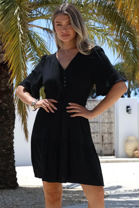 Truese Mini Dress - A-Line Dress with Short Ruffle Sleeves in Black sold by Salty Crush