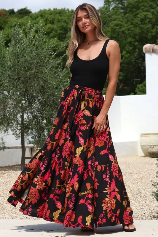 Zia Maxi Skirt - High Waisted Skirt with Tassel Waist Tie and Front Splits in Valerie Print sold by Salty Crush