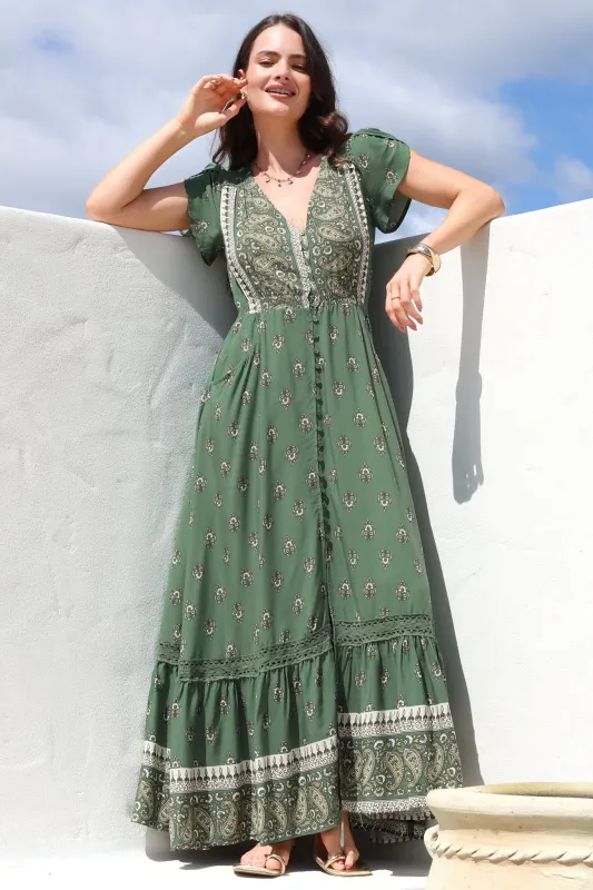 JAASE - Carmen Maxi Dress: Butterfly Cap Sleeve Button Down A Line Dress with Lace Trim in Virdian Print sold by Salty Crush