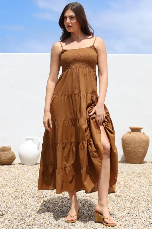 Nessa Maxi Dress - Tie Up Strap Tiered Sun Dress in Tan sold by Salty Crush