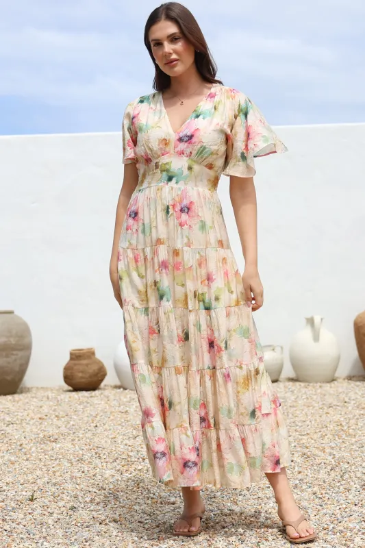 Amelita Maxi Dress - A-Line Tiered Dress with Flutter Sleeves in Daria Print sold by Salty Crush