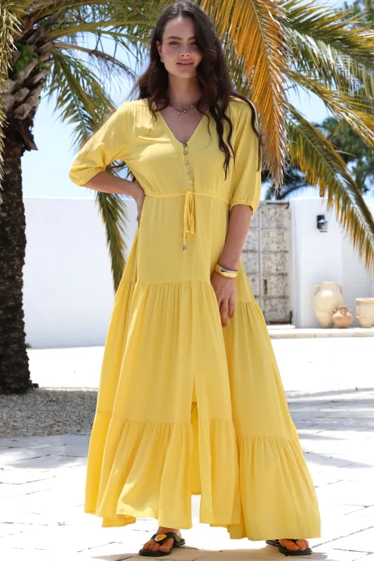 Rachel Maxi Dress - V-Neck 3/4 Sleeve Pull Tie Waist Tiered Dress in Lemon sold by Salty Crush