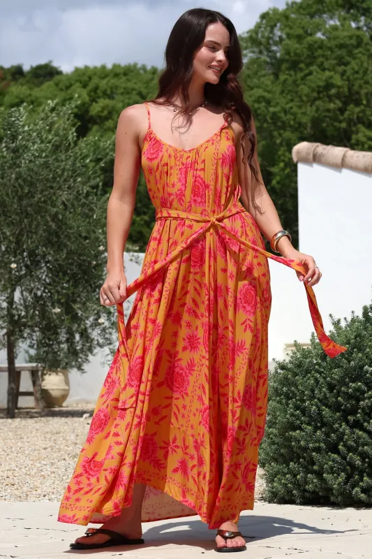 Frederique Maxi Dress - Relaxed Sun Dress with Detachable Waist Tie in Betsey Print sold by Salty Crush