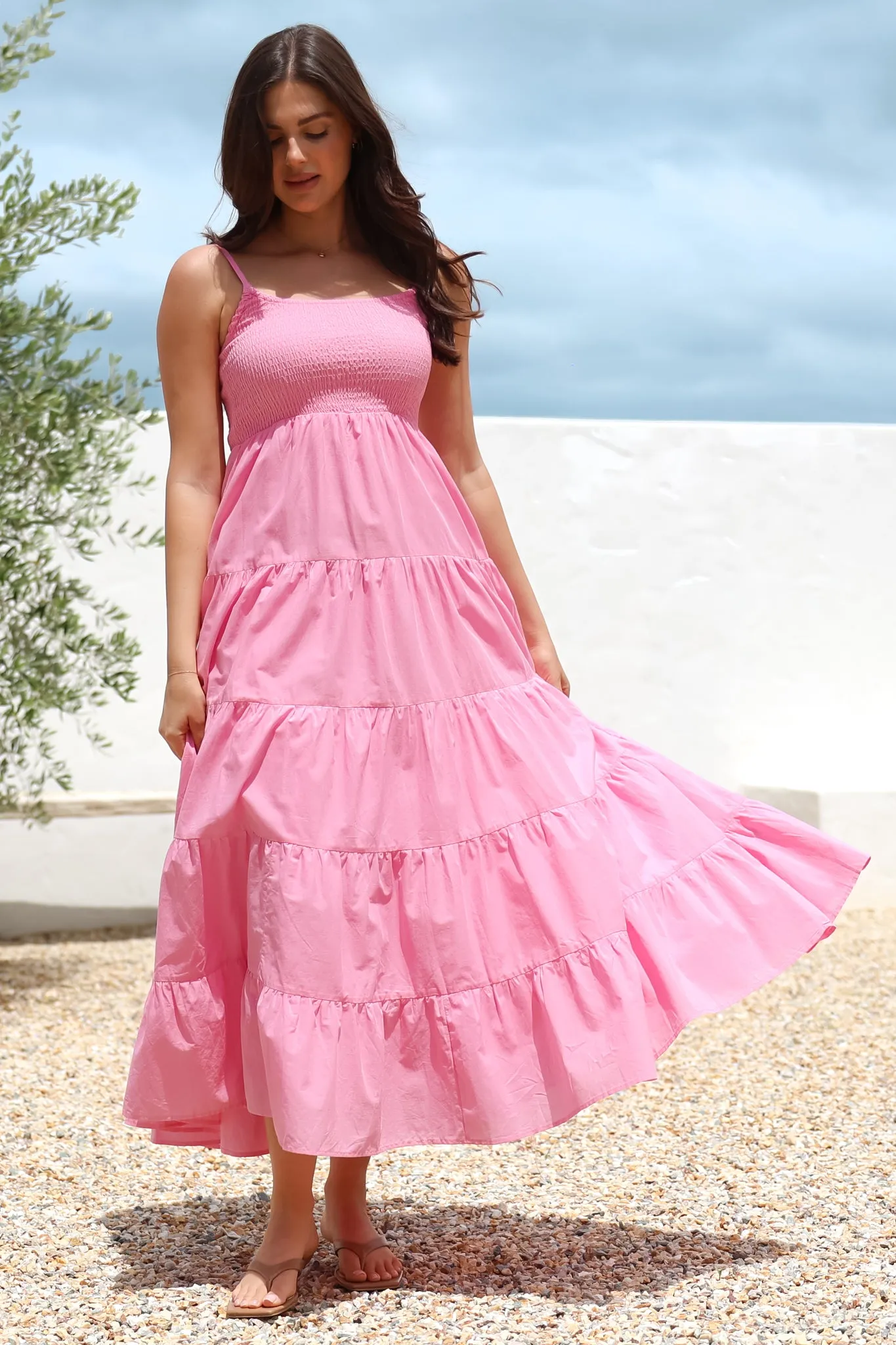 Nessa Maxi Dress - Tie Up Strap Tiered Sun Dress in Pink sold by Salty Crush product image thumbnail 2