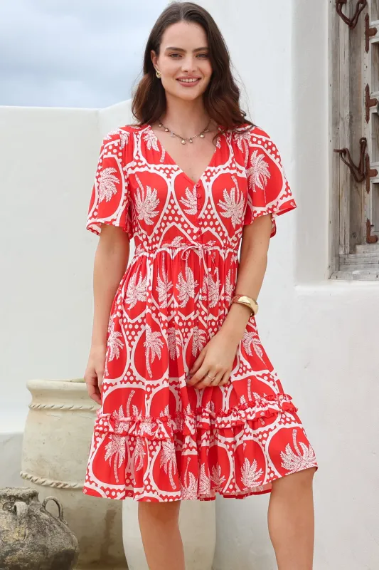 Caroline Mini Dress - Flutter Sleeve V-Neck Dress with Pull Tie Waist in Holly Print Red sold by Salty Crush