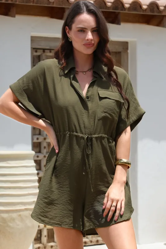 Brienne Playsuit - Collared Pull Tie Waist Playsuit with Pockets in Khaki sold by Salty Crush