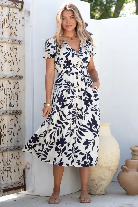 Jillie Midi Dress - V Neck Button Down Dress with Pockets in Avaria Print sold by Salty Crush