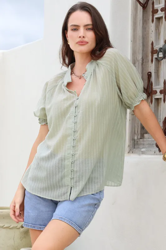 Luella Shirt - Subtle Textured Stripe Button Down with Puff Sleeves in Mint sold by Salty Crush