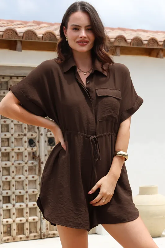 Brienne Playsuit - Collared Pull Tie Waist Playsuit with Pockets in Chocolate sold by Salty Crush