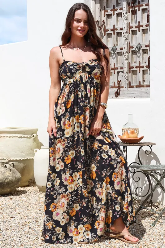 Moira Maxi Dress - Twist Front Keyhole Detail Sun Dress with Optional Straps in Autumn Print sold by Salty Crush