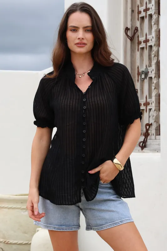 Luella Shirt - Subtle Textured Stripe Button Down with Puff Sleeves in Black sold by Salty Crush