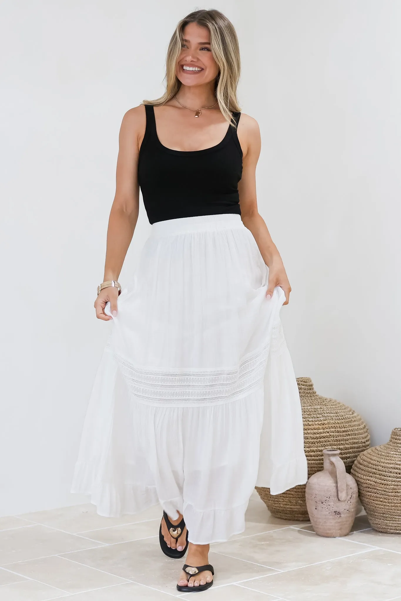 Linley Maxi Skirt - High Waisted Lace Insert Splicing Skirt in White sold by Salty Crush product image thumbnail 2