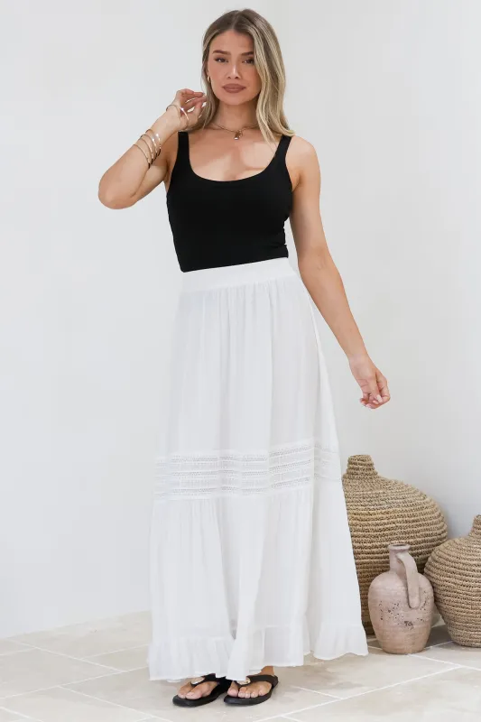 Linley Maxi Skirt - High Waisted Lace Insert Splicing Skirt in White sold by Salty Crush