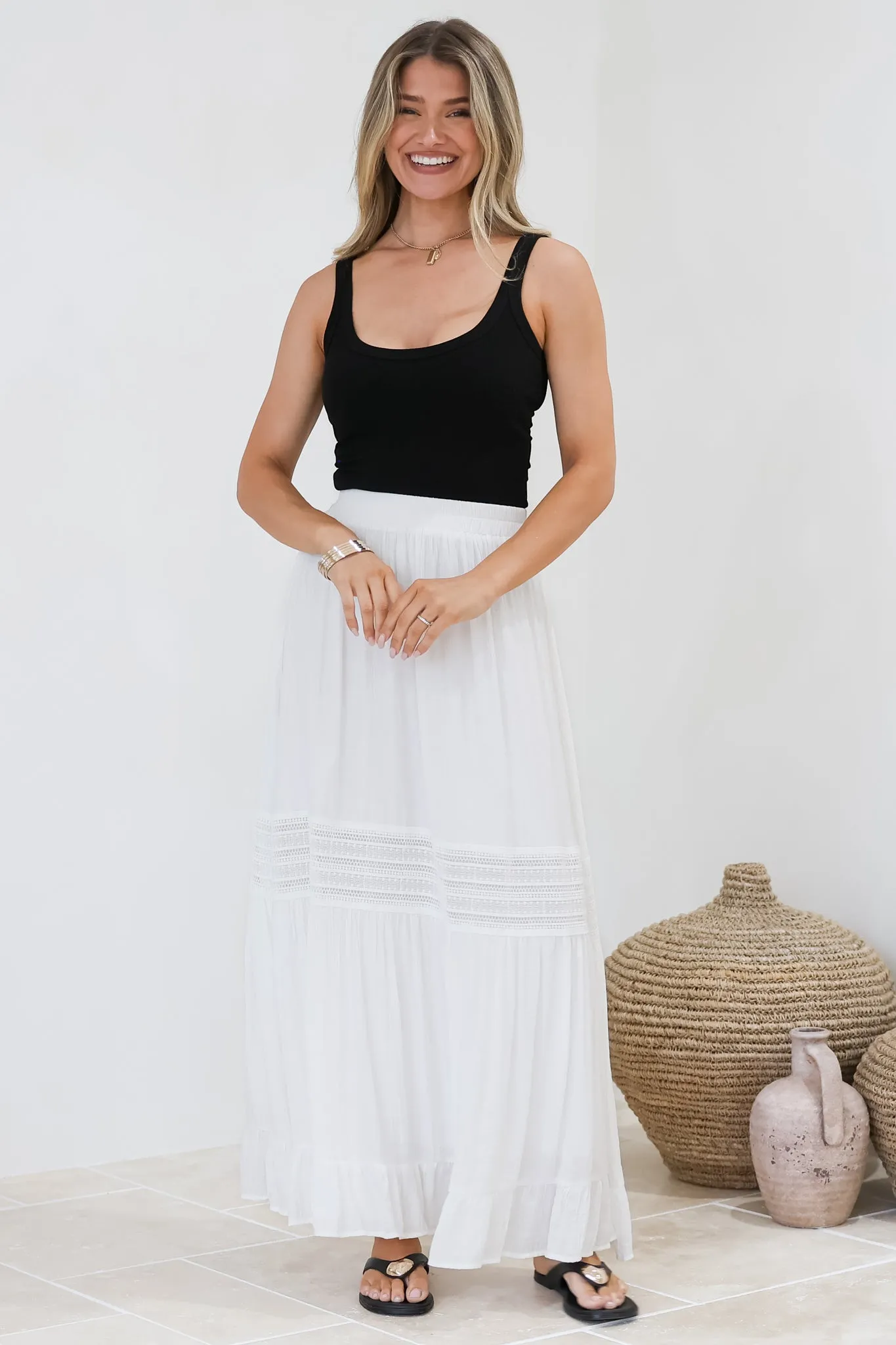 Linley Maxi Skirt - High Waisted Lace Insert Splicing Skirt in White sold by Salty Crush product image thumbnail 4