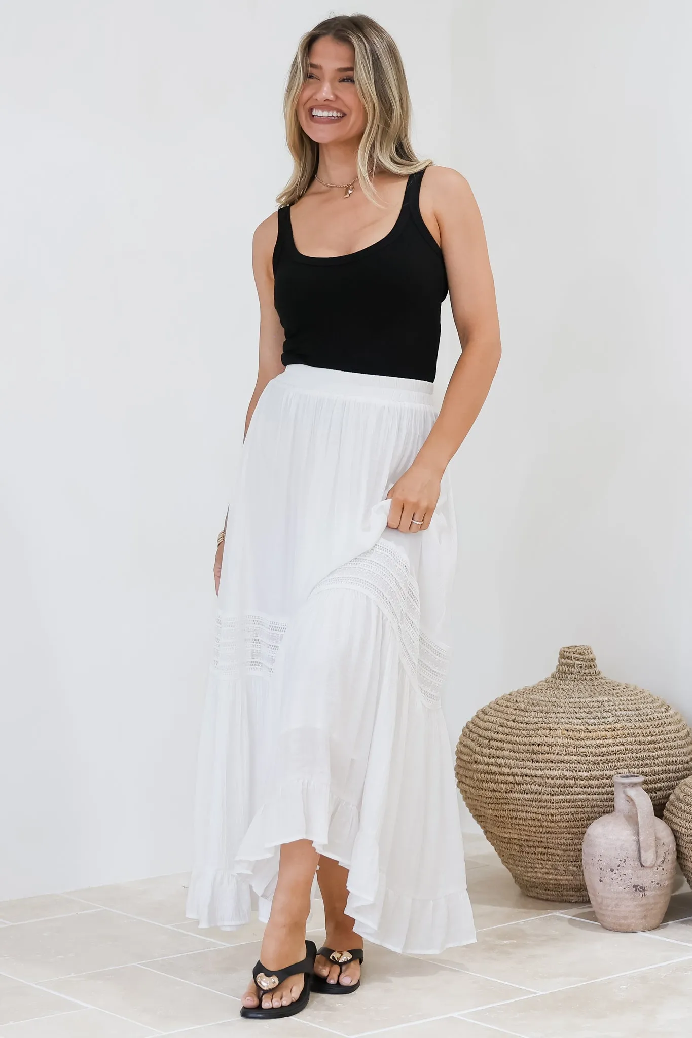 Linley Maxi Skirt - High Waisted Lace Insert Splicing Skirt in White sold by Salty Crush product image thumbnail 5