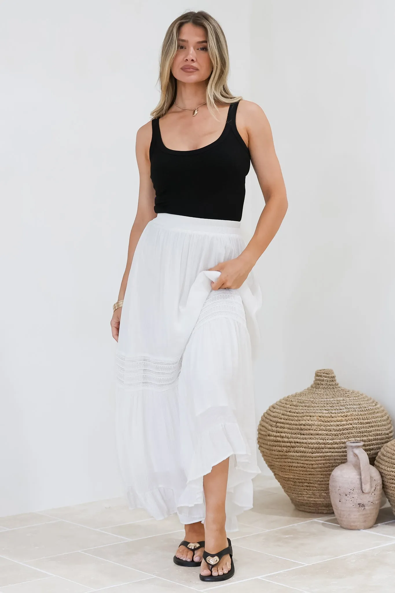 Linley Maxi Skirt - High Waisted Lace Insert Splicing Skirt in White sold by Salty Crush product image thumbnail 3