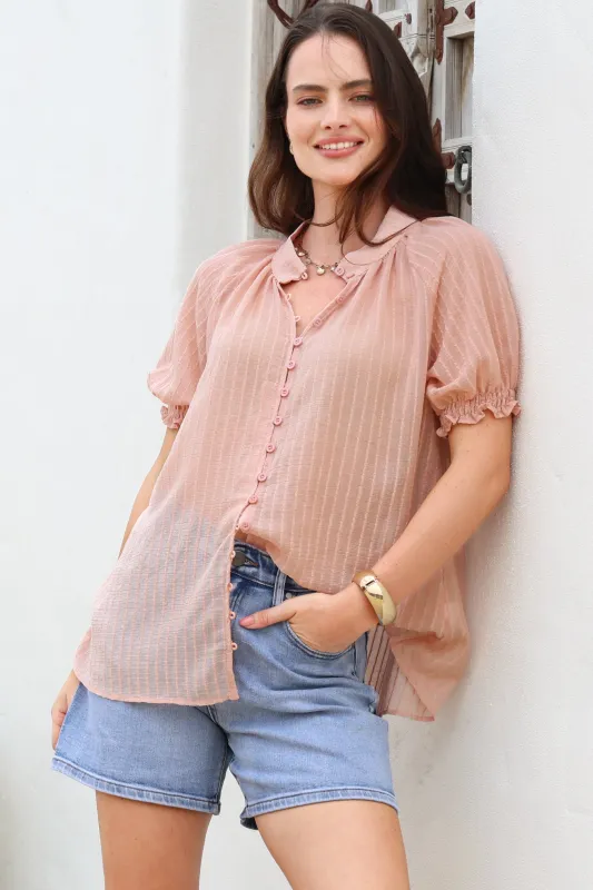 Luella Shirt - Subtle Textured Stripe Button Down with Puff Sleeves in Pink sold by Salty Crush