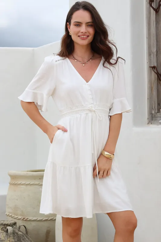 Truese Mini Dress - A-Line Dress with Short Ruffle Sleeves in White sold by Salty Crush