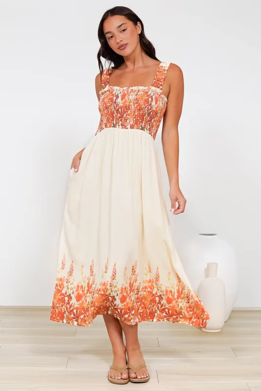 Cabana Maxi Dress - Smocked Bodice Sun Dress with Pockets in Marella Print Tangerine sold by Salty Crush