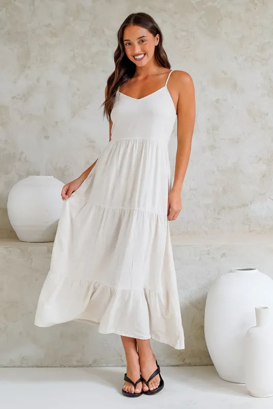Arlowe Midi Dress - Soft V Neckline Tiered Linen Sun Dress in Oat sold by Salty Crush