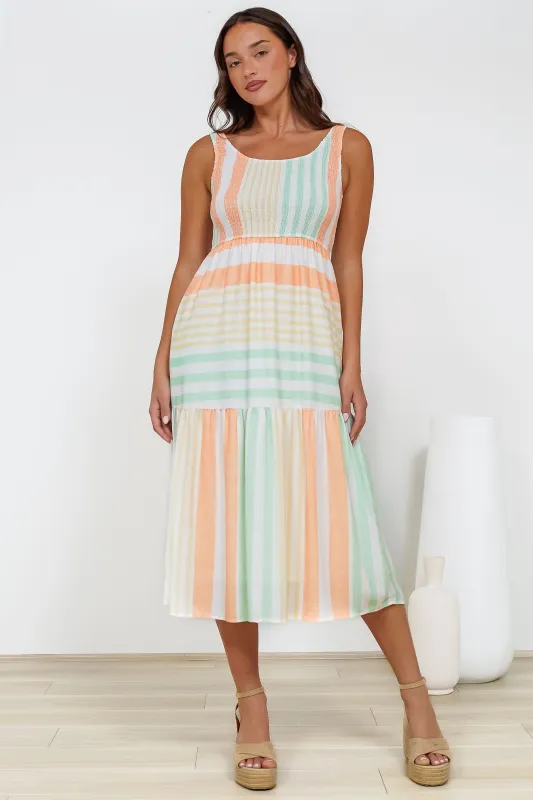 Helio Midi Dress - Elasticated Bodice Tiered Sun Dress in Callipso Stripe Print sold by Salty Crush