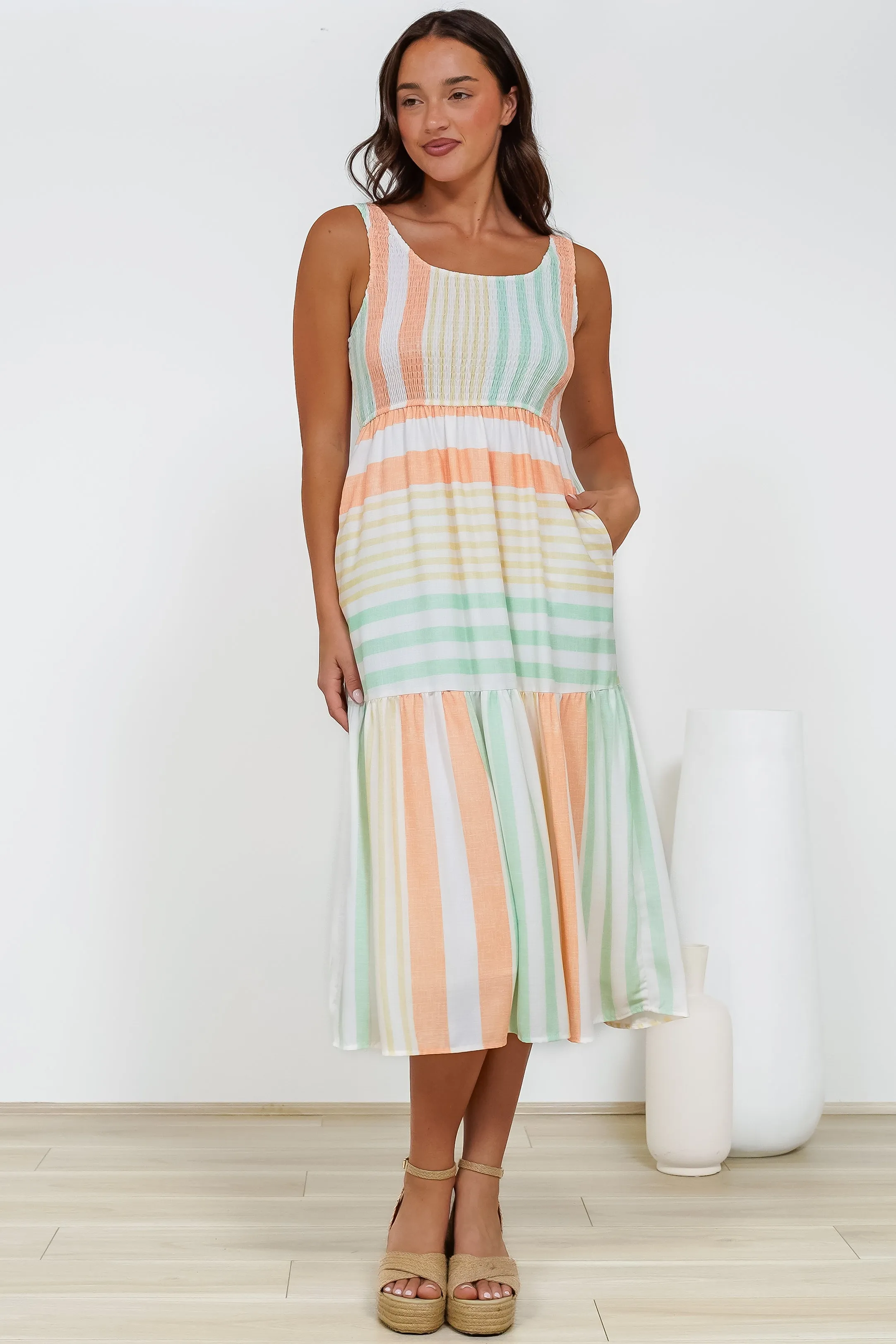 Helio Midi Dress - Elasticated Bodice Tiered Sun Dress in Callipso Stripe Print sold by Salty Crush product image thumbnail 5