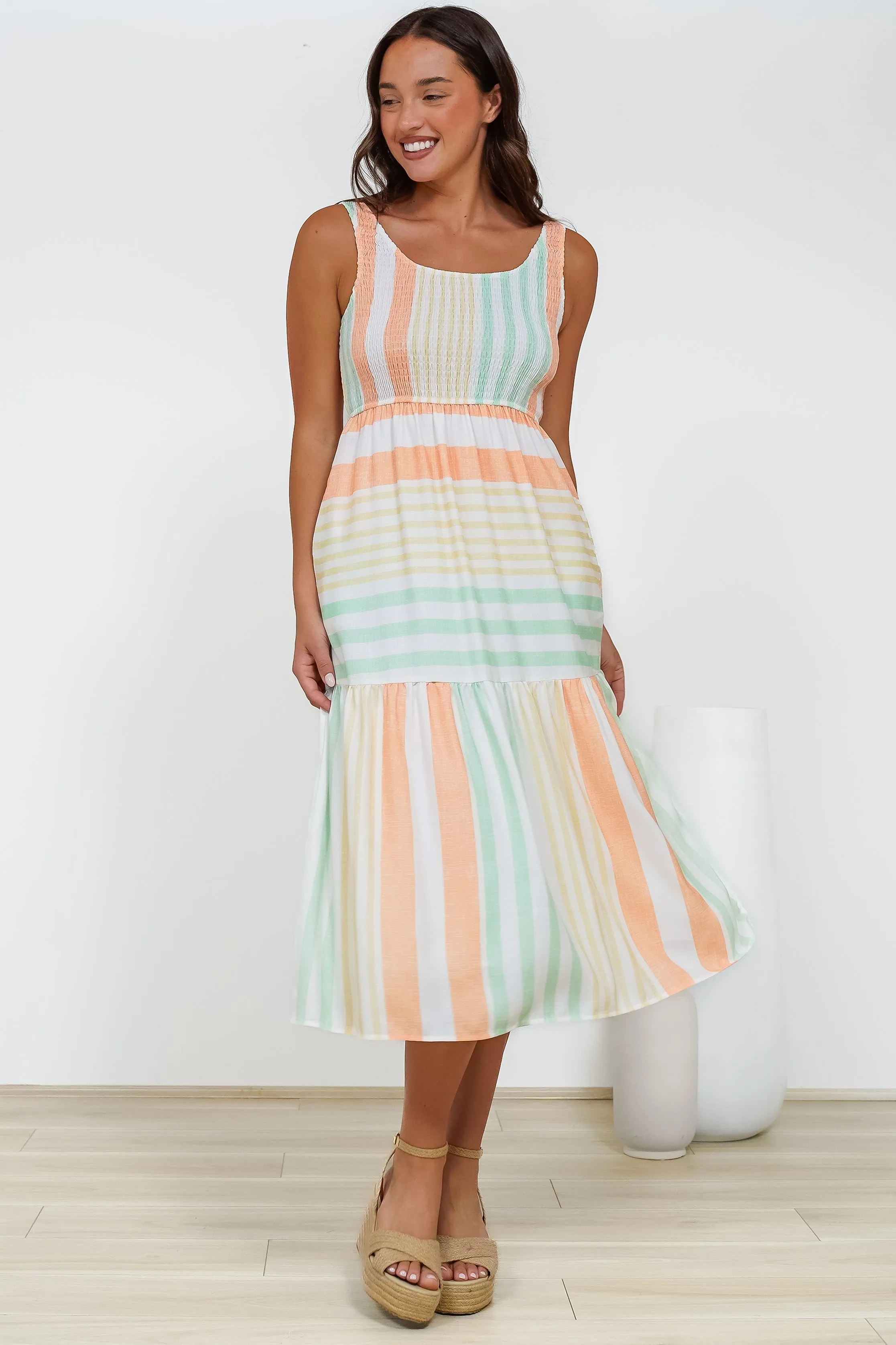 Helio Midi Dress - Elasticated Bodice Tiered Sun Dress in Callipso Stripe Print sold by Salty Crush product image thumbnail 2