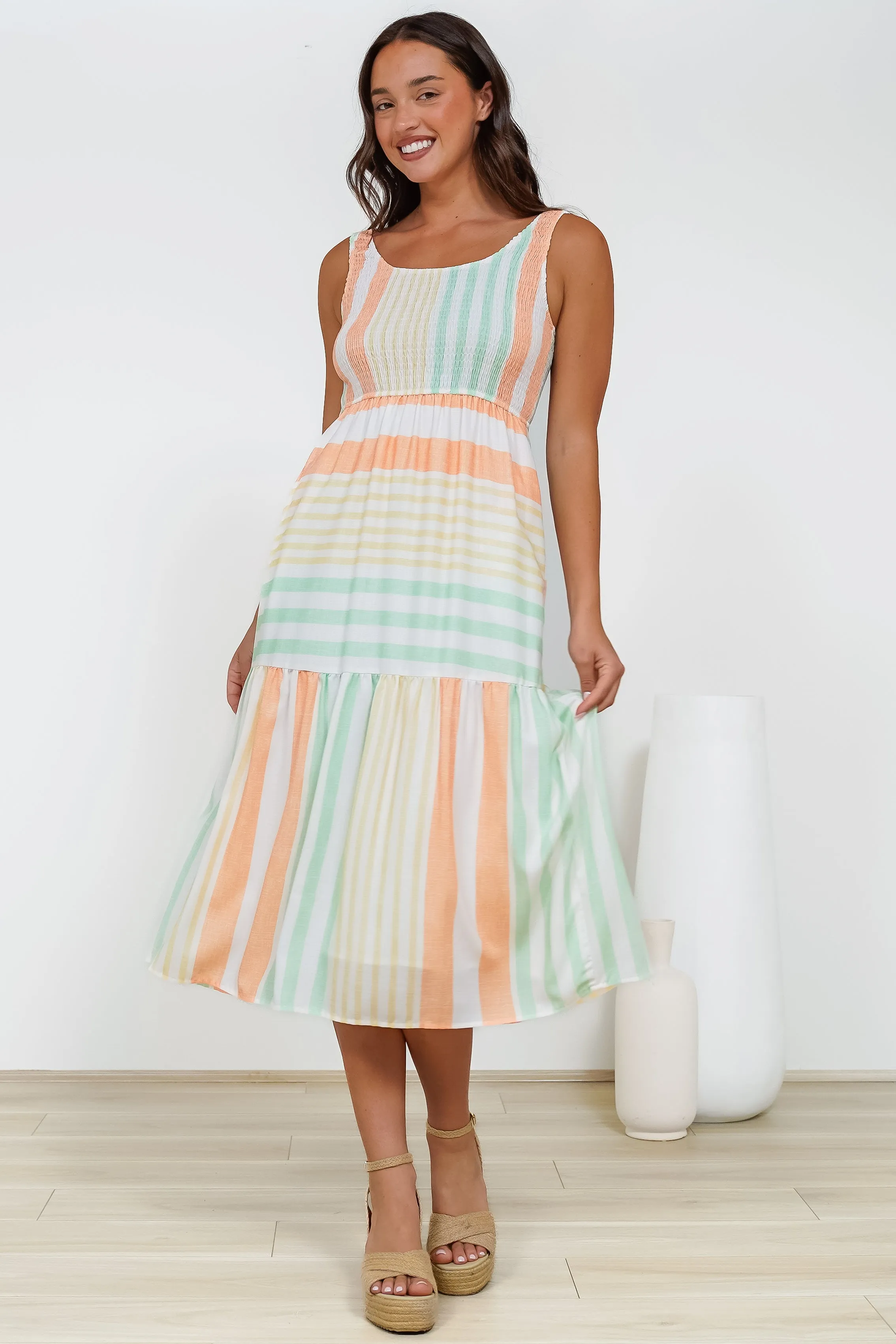 Helio Midi Dress - Elasticated Bodice Tiered Sun Dress in Callipso Stripe Print sold by Salty Crush product image thumbnail 3