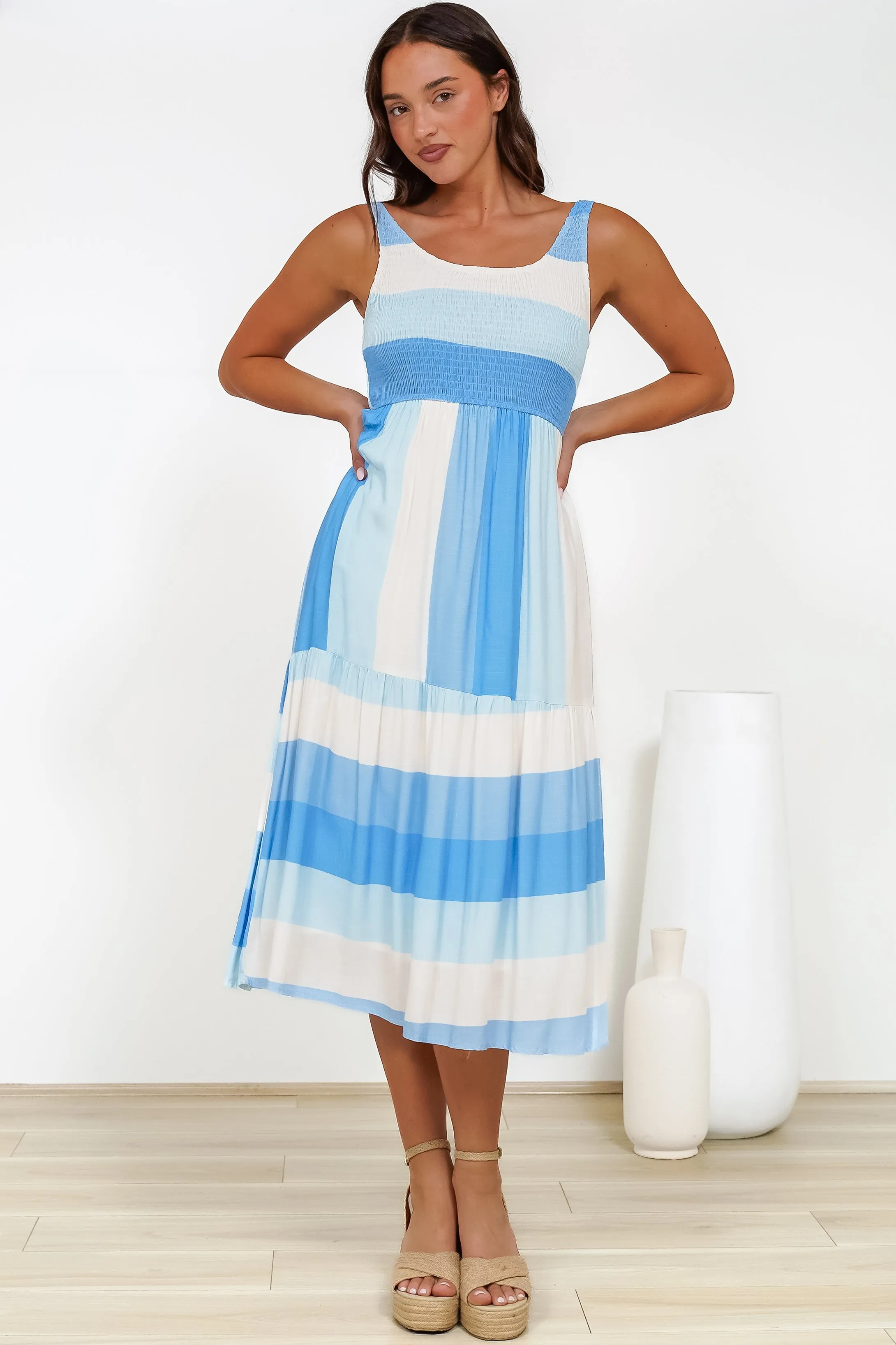 Helio Midi Dress - Elasticated Bodice Tiered Sun Dress in Abella Stripe Print Blue sold by Salty Crush product image thumbnail 4