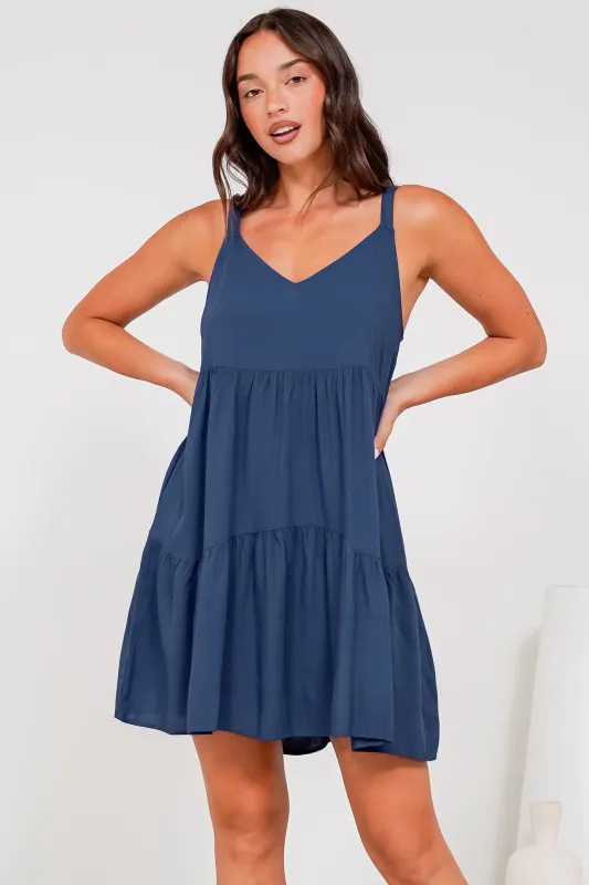 Andra Mini Dress - Thick Adjustable Strap Tiered Sun Dress in Navy sold by Salty Crush