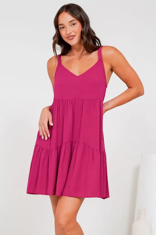 Andra Mini Dress - Thick Adjustable Strap Tiered Sun Dress in Magenta sold by Salty Crush