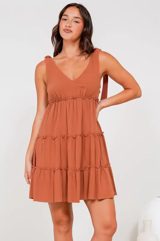 Lacy Mini Dress - Tie on Shoulder Strap Frill Splicing Tiered Sun Dress in Rust sold by Salty Crush