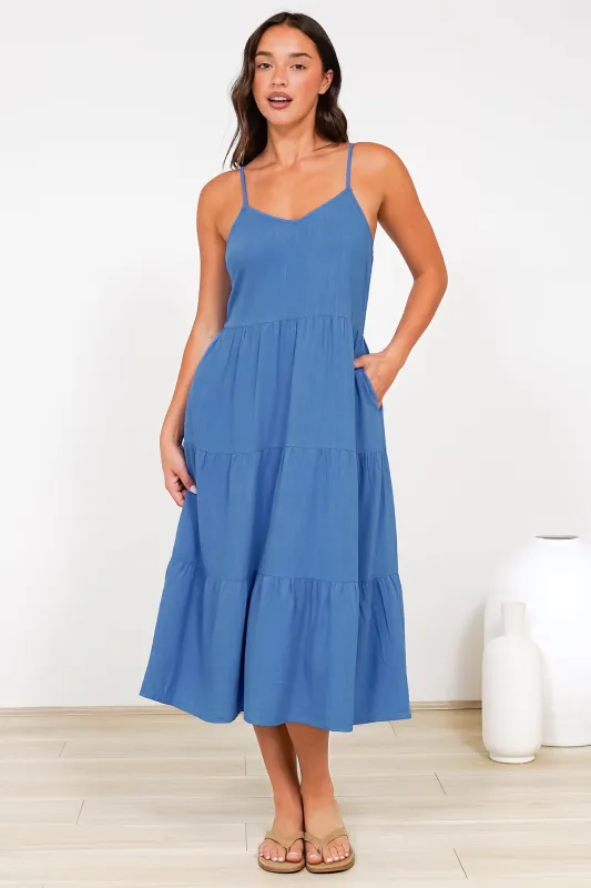Arlowe Midi Dress - Soft V Neckline Tiered Linen Sun Dress in Cobalt Blue sold by Salty Crush