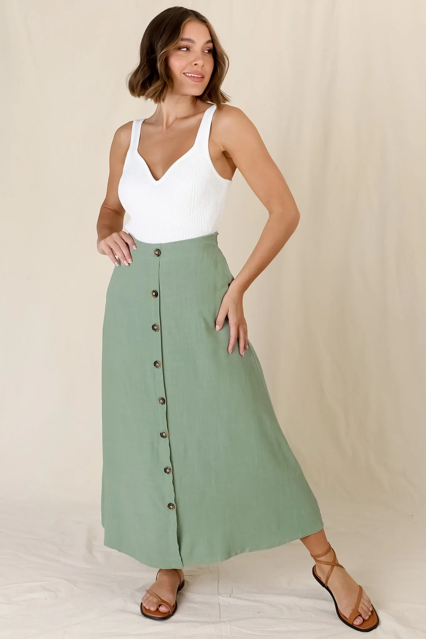 Murphy Midi Skirt - High Waisted Button Decal A-Line Skirt in Sage sold by Salty Crush product image thumbnail 4