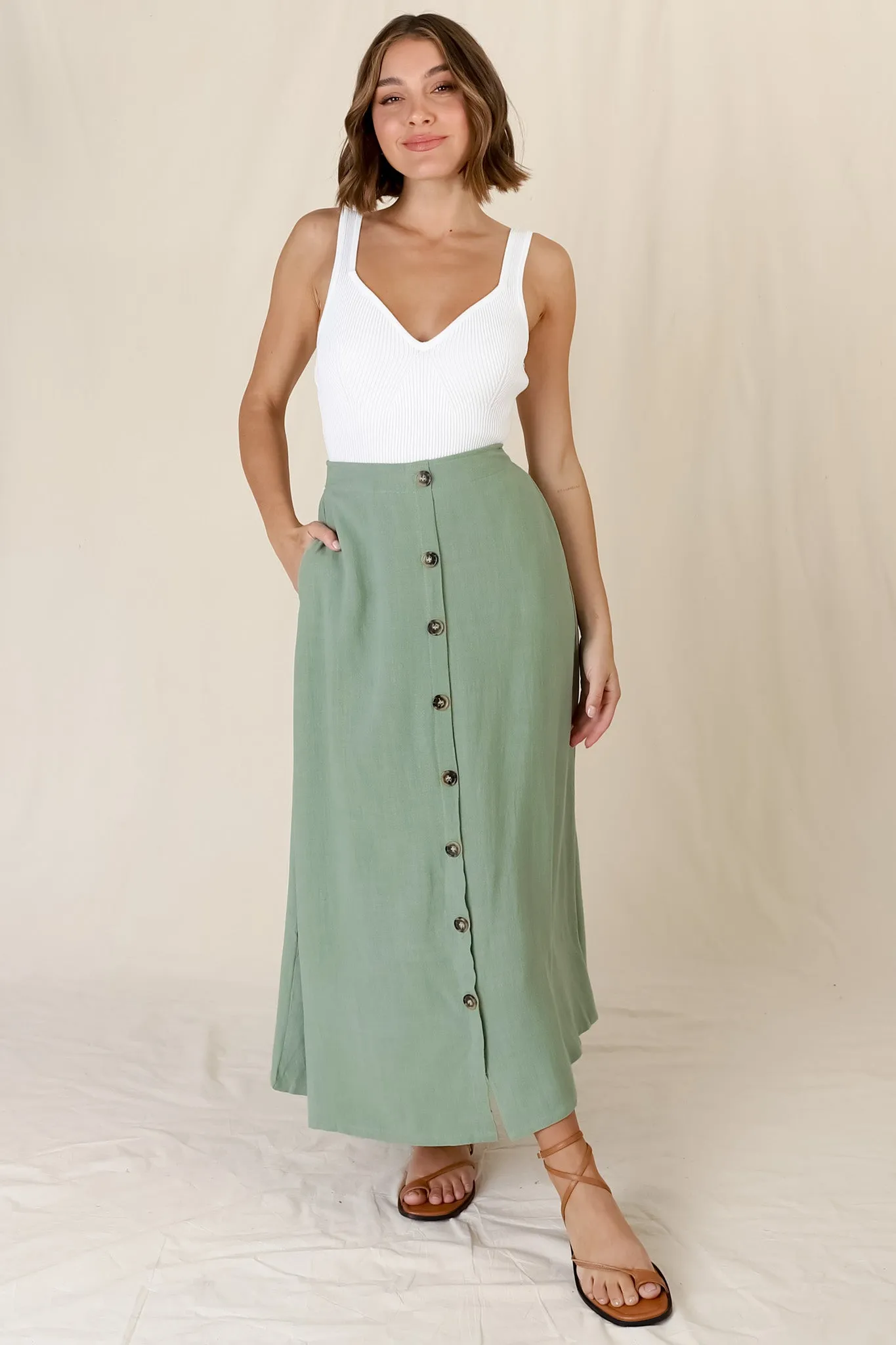 Murphy Midi Skirt - High Waisted Button Decal A-Line Skirt in Sage sold by Salty Crush
