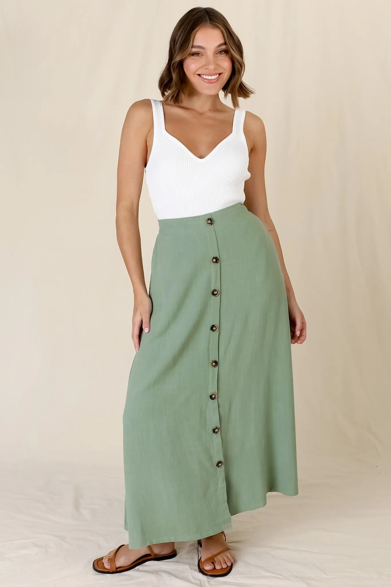 Murphy Midi Skirt - High Waisted Button Decal A-Line Skirt in Sage sold by Salty Crush product image thumbnail 5