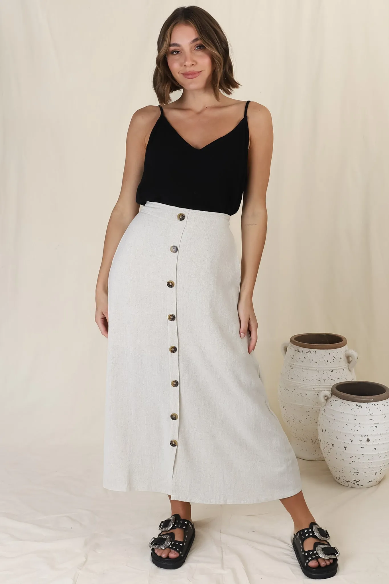 Murphy Midi Skirt - High Waisted Button Decal A-Line Skirt in Oat sold by Salty Crush product image thumbnail 4