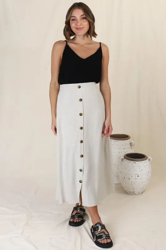 Murphy Midi Skirt - High Waisted Button Decal A-Line Skirt in Oat sold by Salty Crush