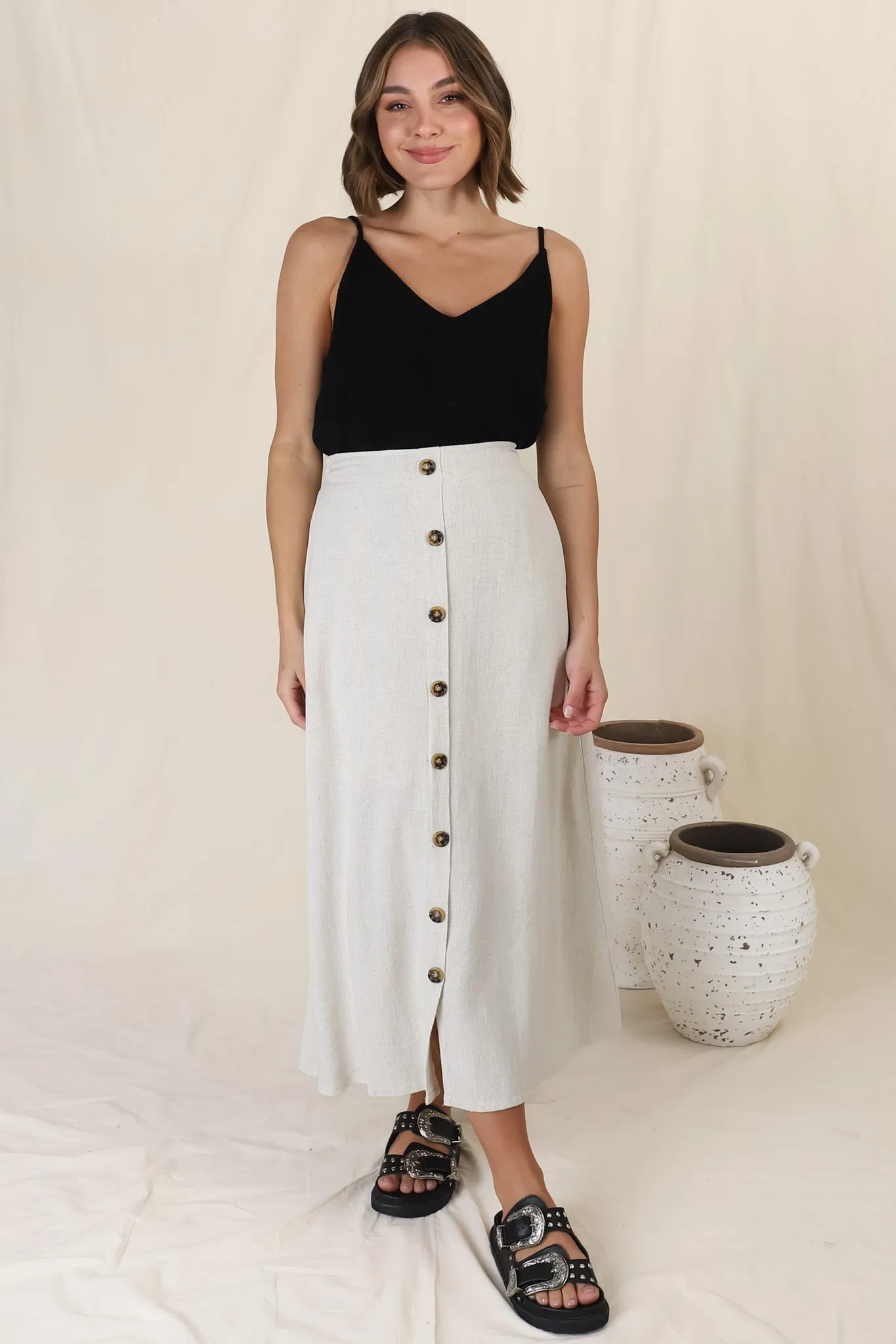 Murphy Midi Skirt - High Waisted Button Decal A-Line Skirt in Oat sold by Salty Crush