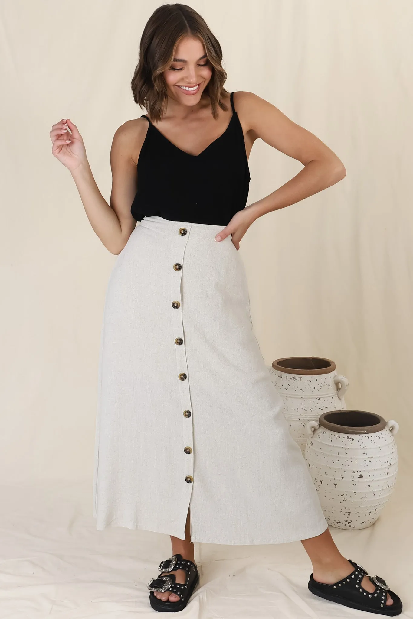 Murphy Midi Skirt - High Waisted Button Decal A-Line Skirt in Oat sold by Salty Crush product image thumbnail 5
