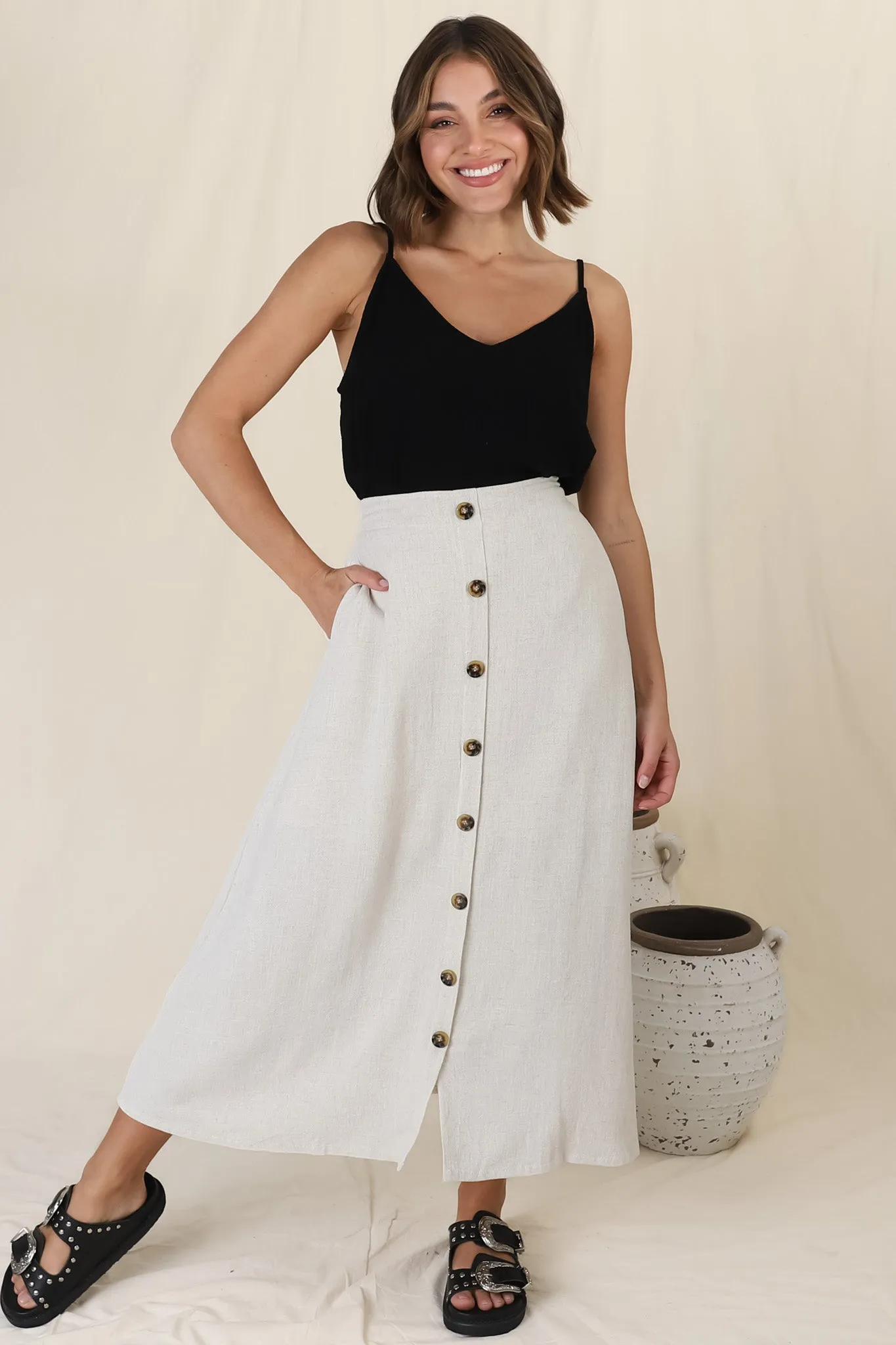 Murphy Midi Skirt - High Waisted Button Decal A-Line Skirt in Oat sold by Salty Crush product image thumbnail 2