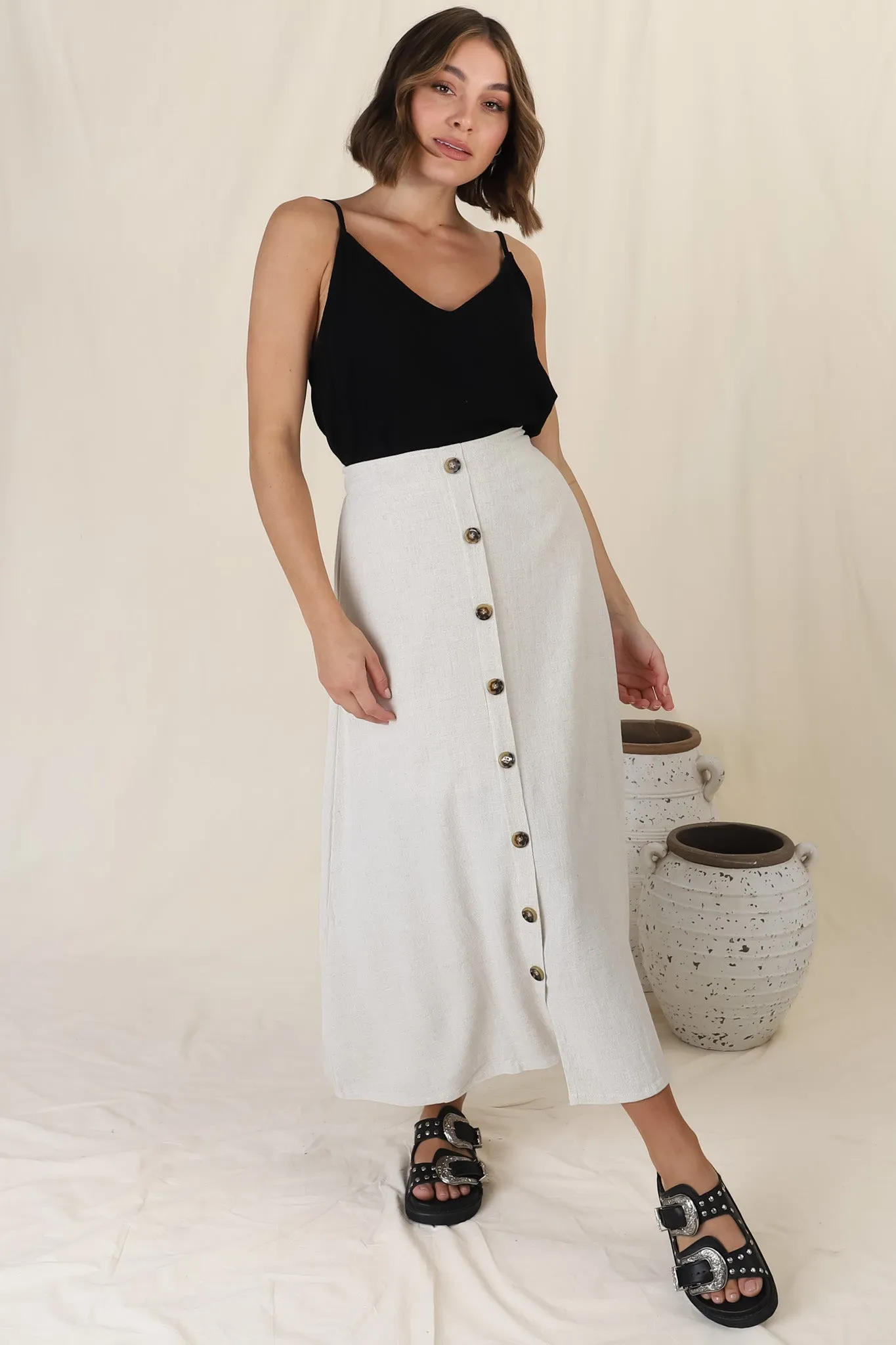 Murphy Midi Skirt - High Waisted Button Decal A-Line Skirt in Oat sold by Salty Crush product image thumbnail 3