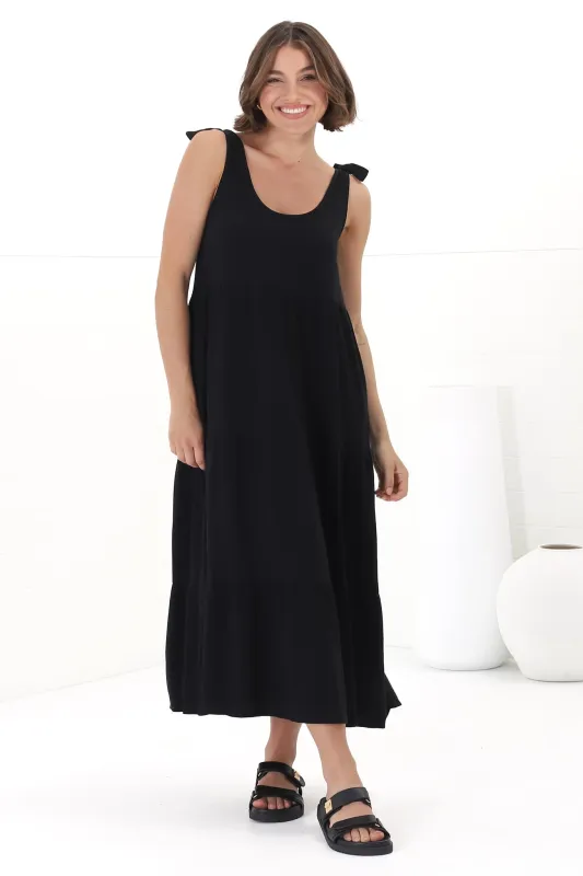Verona Midi Dress - Tie at Shoulder Straps Sun Dress in Black sold by Salty Crush