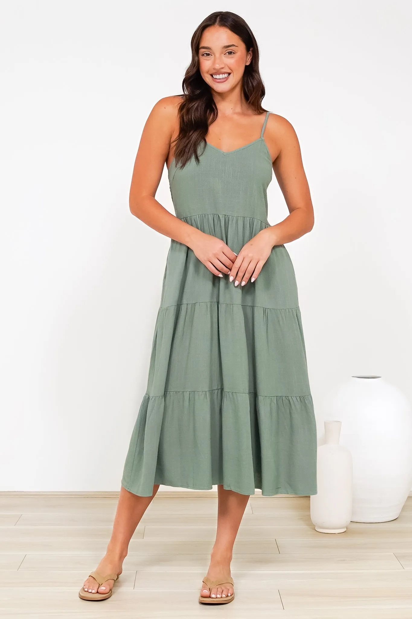 Arlowe Midi Dress - Soft V Neckline Tiered Linen Sun Dress in Khaki sold by Salty Crush product image thumbnail 4
