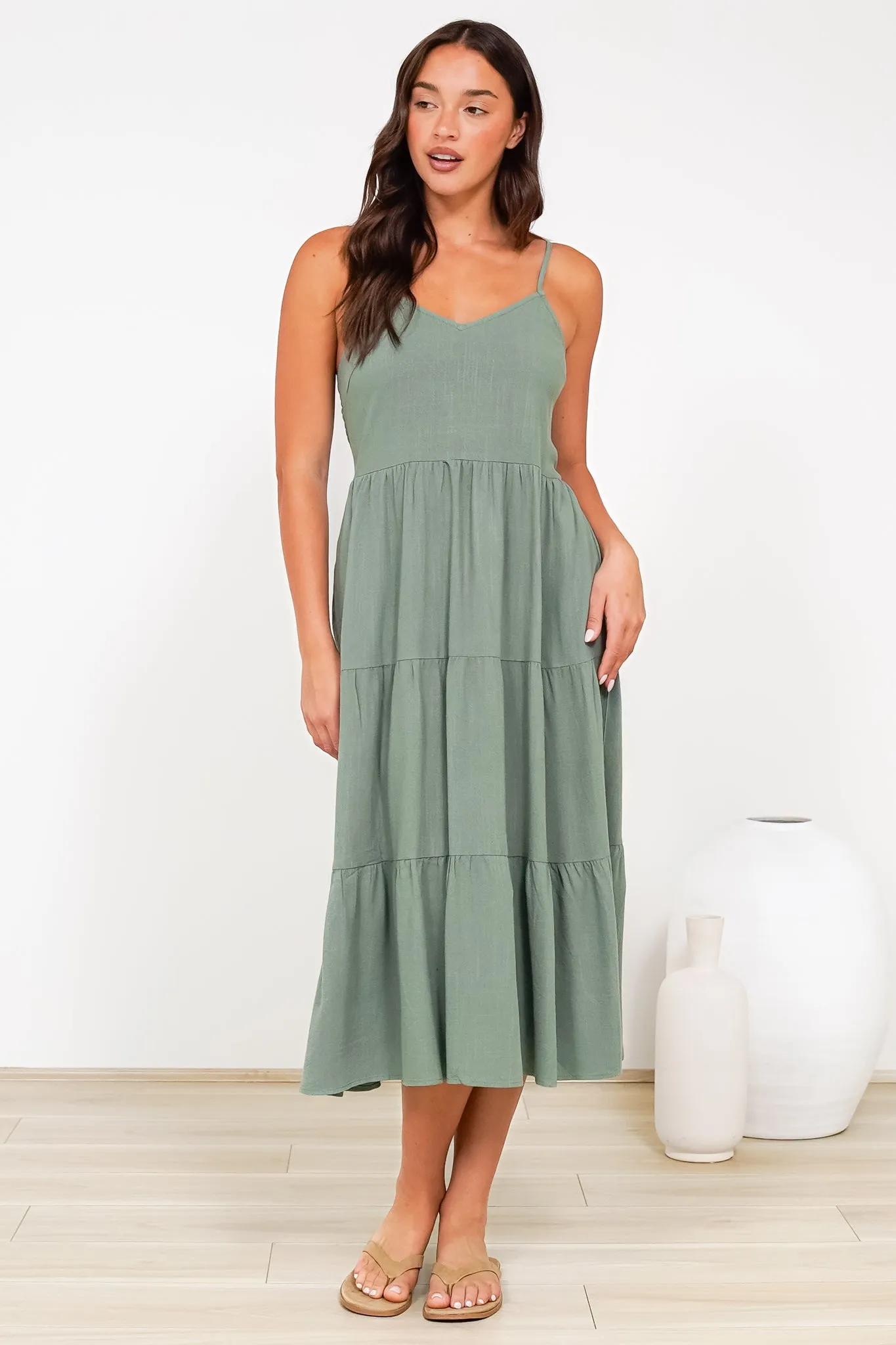 Arlowe Midi Dress - Soft V Neckline Tiered Linen Sun Dress in Khaki sold by Salty Crush product image thumbnail 2