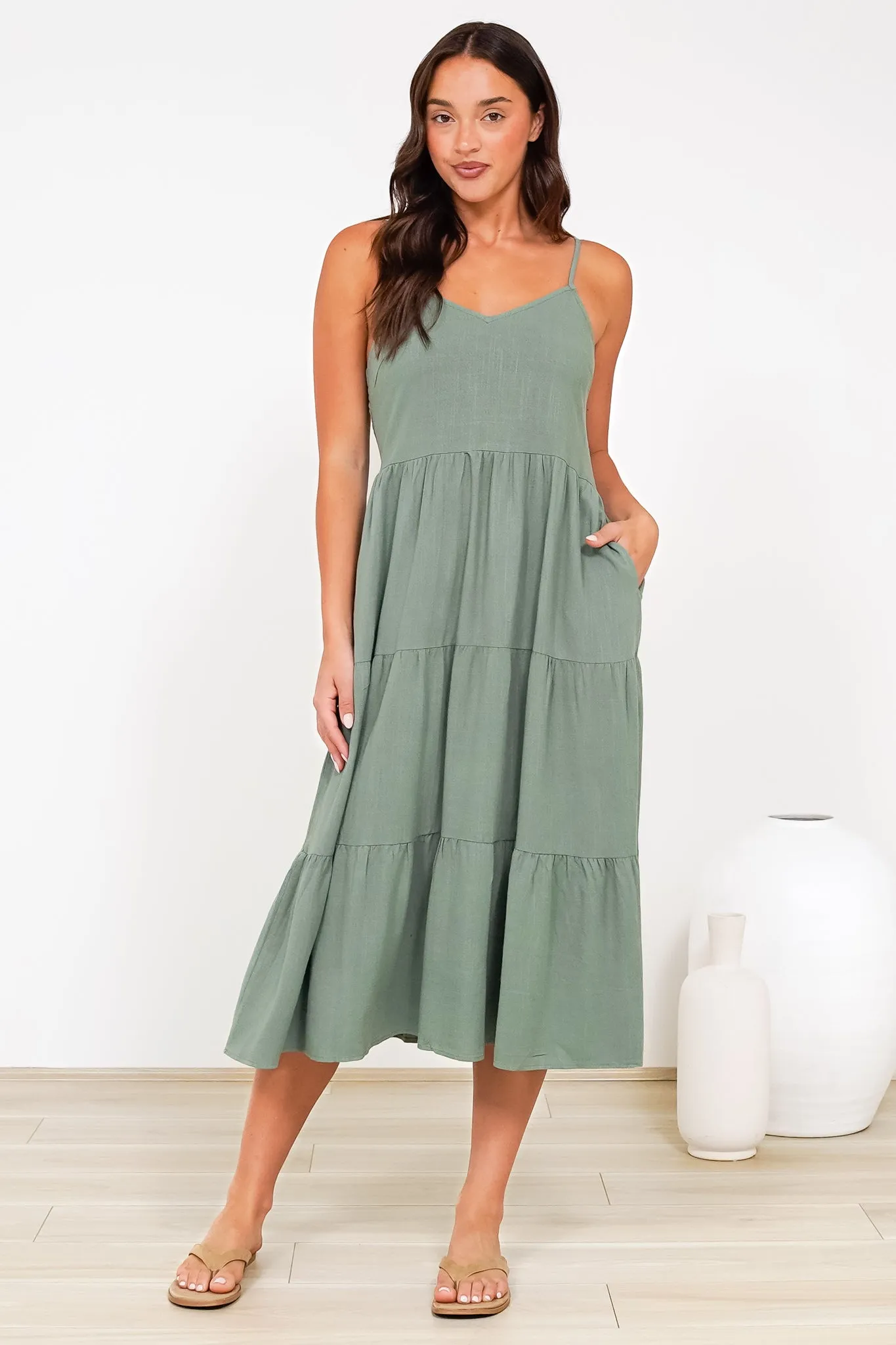 Arlowe Midi Dress - Soft V Neckline Tiered Linen Sun Dress in Khaki sold by Salty Crush product image thumbnail 5