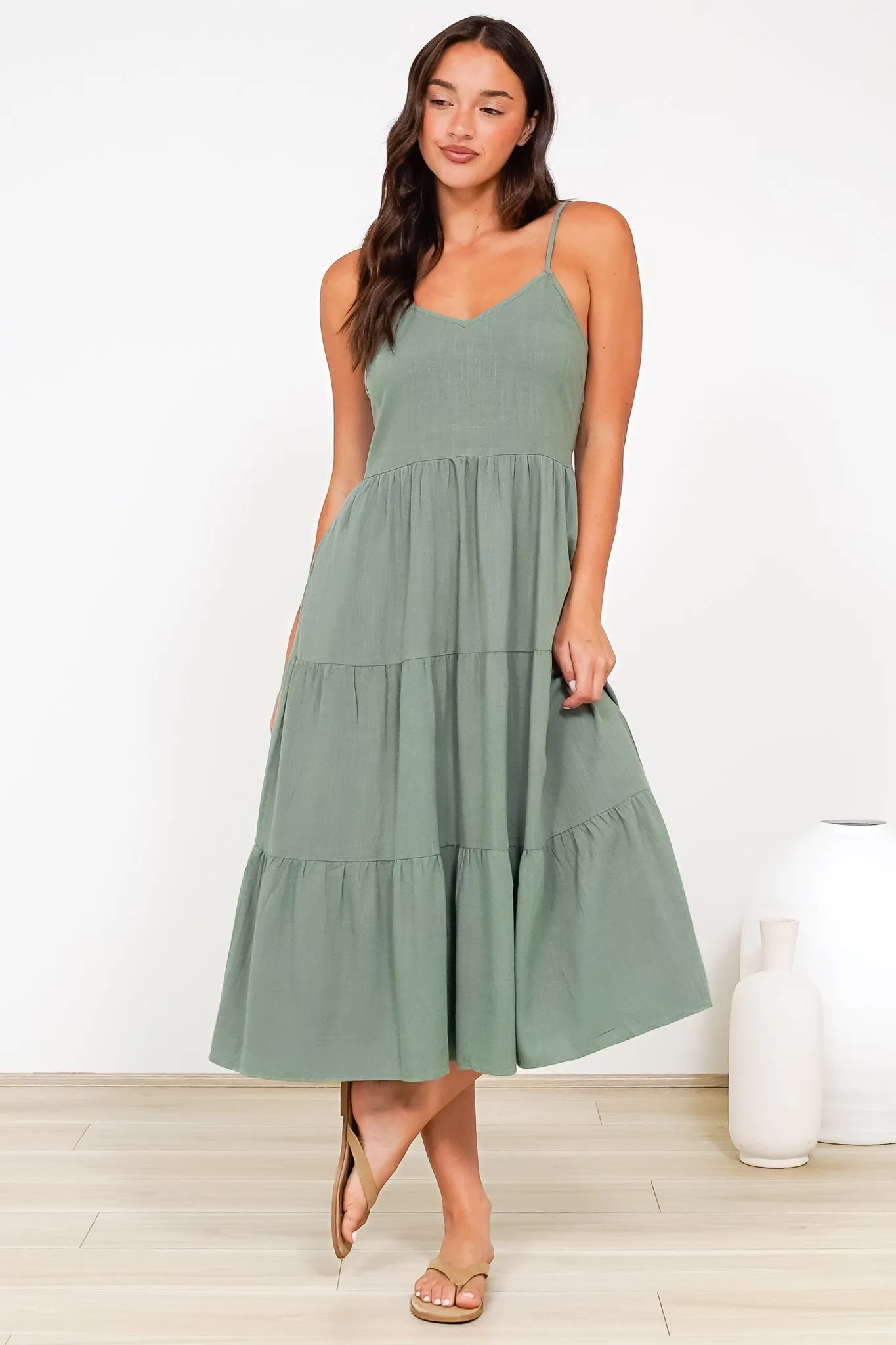 Arlowe Midi Dress - Soft V Neckline Tiered Linen Sun Dress in Khaki sold by Salty Crush