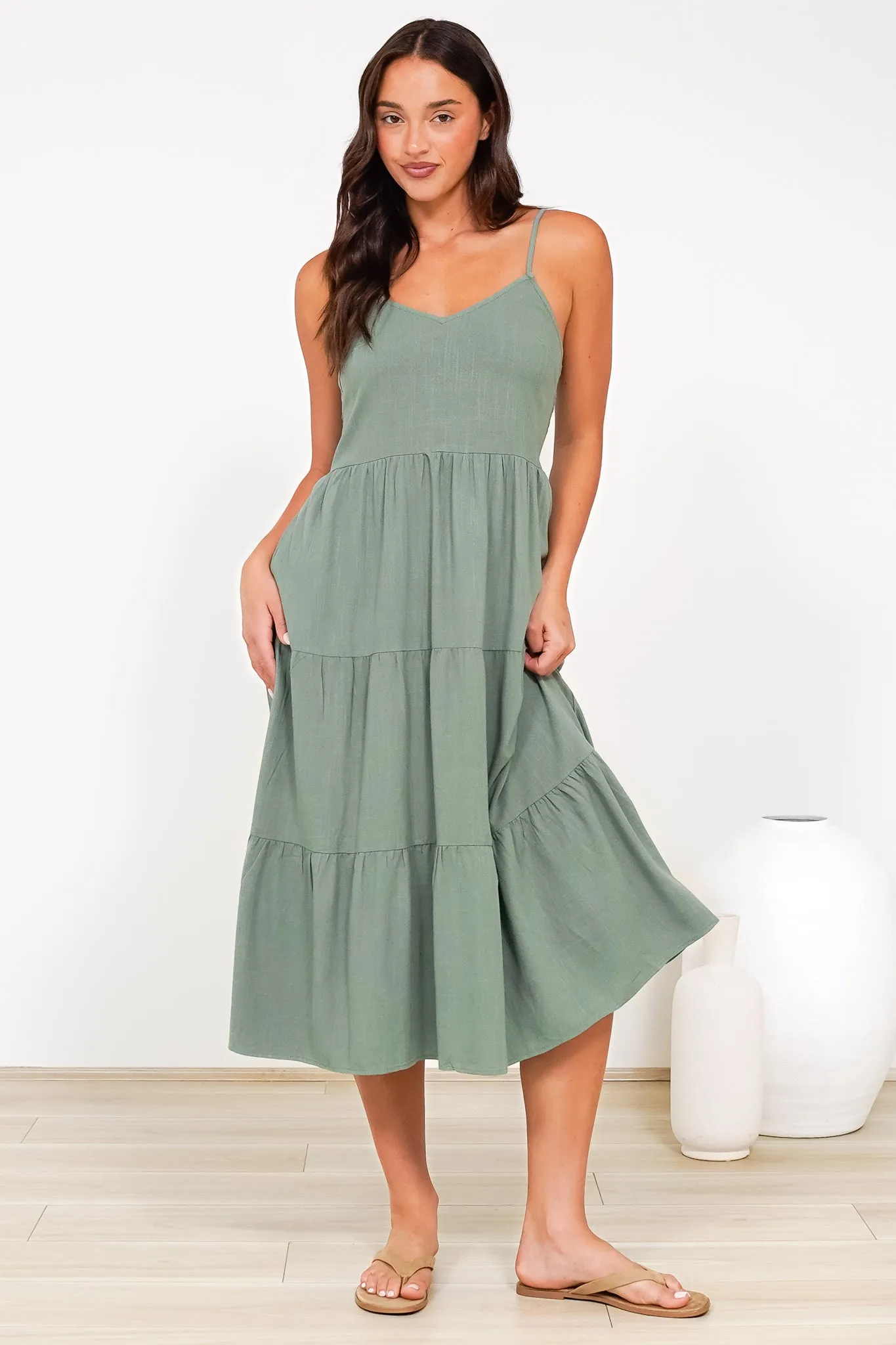Arlowe Midi Dress - Soft V Neckline Tiered Linen Sun Dress in Khaki sold by Salty Crush product image thumbnail 3
