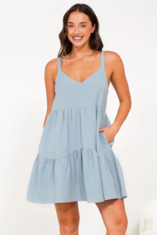 Missy Mini Dress - Thick Adjustable Strap Tiered Sun Dress in Light Blue sold by Salty Crush