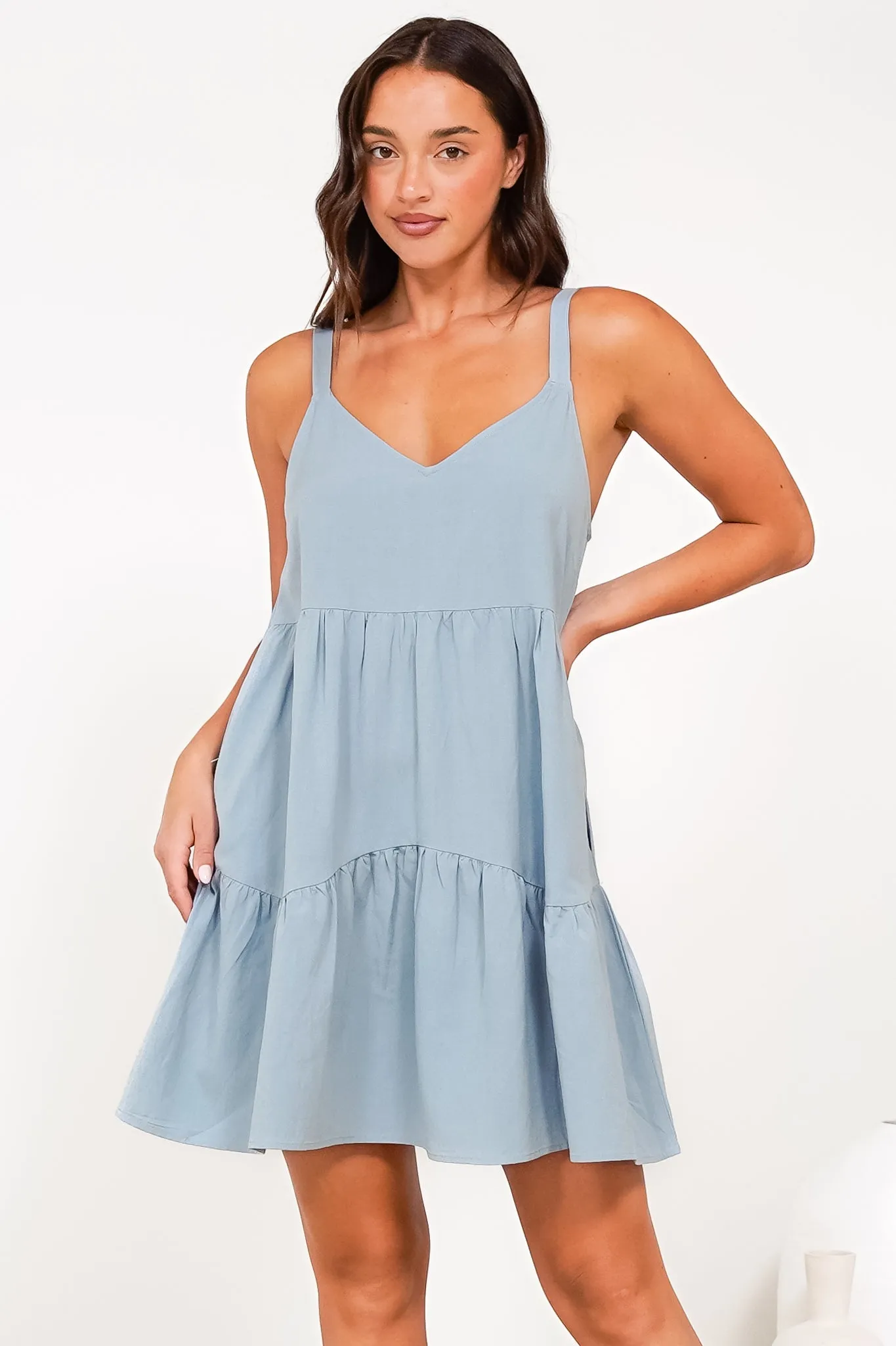 Missy Mini Dress - Thick Adjustable Strap Tiered Sun Dress in Light Blue sold by Salty Crush product image thumbnail 4